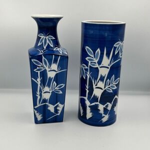 Trimont Ware Blue‎ & White Porcelain Vases Set Bamboo Design Decorative